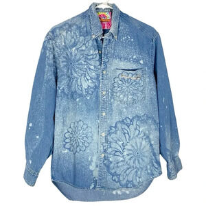 Handmade Boho Denim Shirt Floral Stencil Bleached Womens Small Medium Chambray